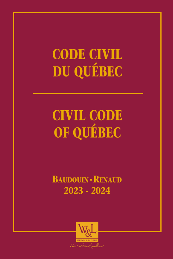Code civil du Québec - Civil Code of Québec 2023-2024 Version reliée - Bound version  Prix étudiant 30,00 $  Auteur(s) : Baudouin, Jean-Louis (sous la direction de) Éditeur : Wilson & Lafleur Année : 2023 Nombre de pages : 2232 Type de reliure : Souple ISBN : 978-2-89689-628-8 Prix : 40,00 $ Format : Papier